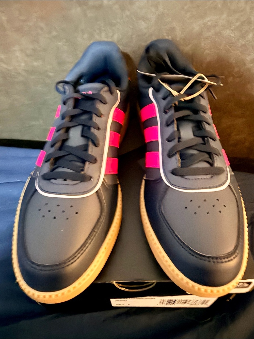 adidas size 6 Navy Sneakers with Hot Pink Stripes and Gum Outsole